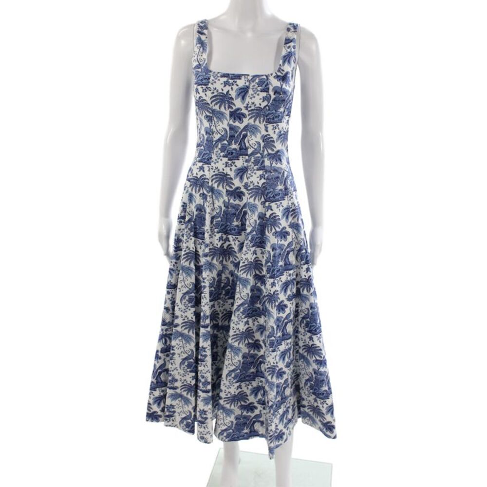 Staud Women Fit & Flare Blue Floral Midi Square Neck Sleeveless Dress Size 0